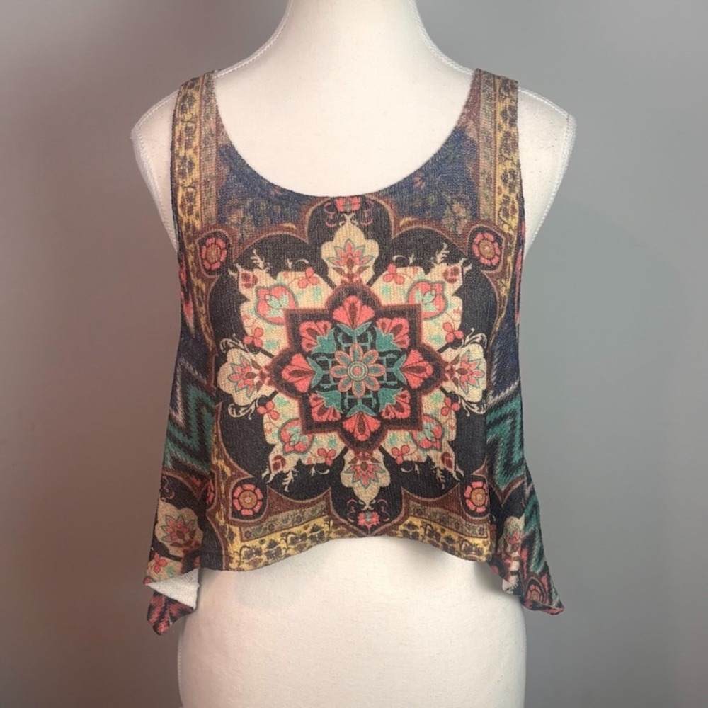 Gaze USA Womens Multicolor Medallion Crop Flowy Boho Tank Top sz‎ Small Summer